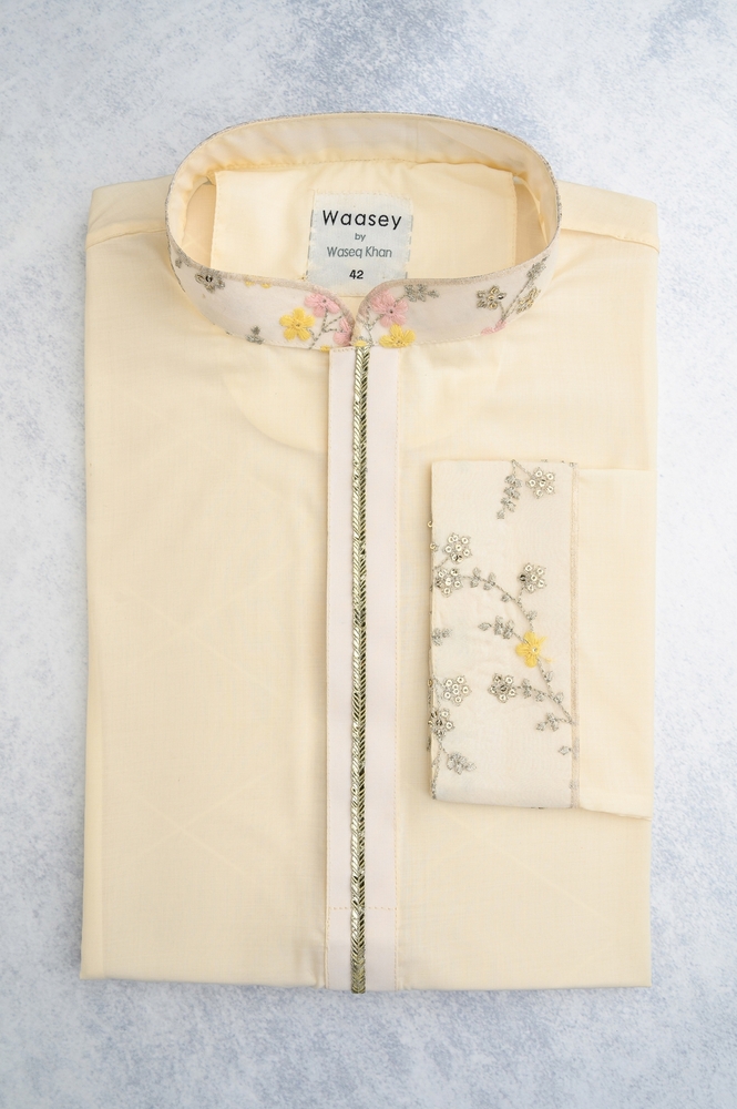 Cream Panjabi with Delicate Floral Collar Embroidery